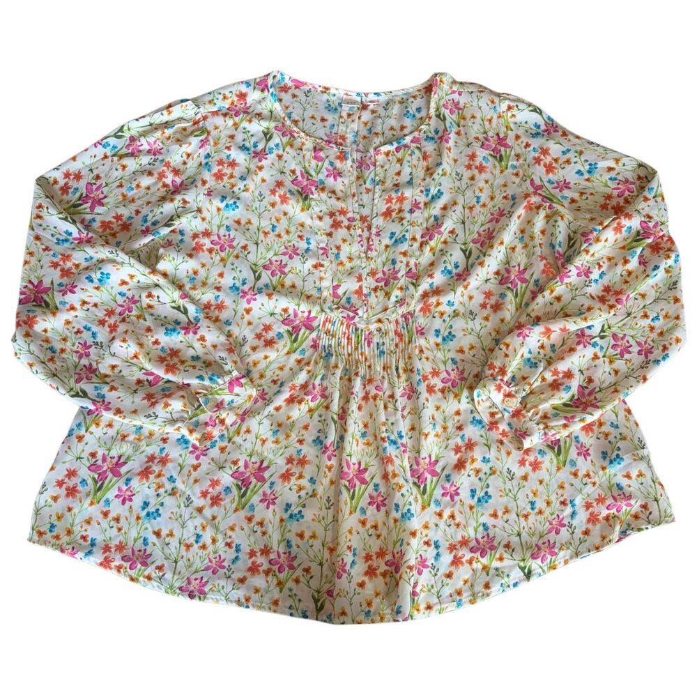 GAP Womens Split Neck Blouse Bright Floral Pullover Sheer Peasant Boho Size XXL